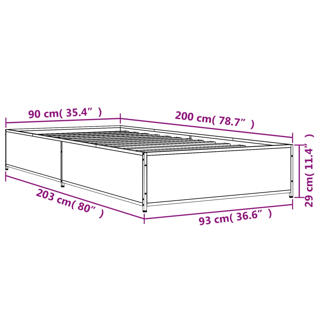 Bedframe bewerkt hout en metaal grijs sonoma eiken 90x200 cm
