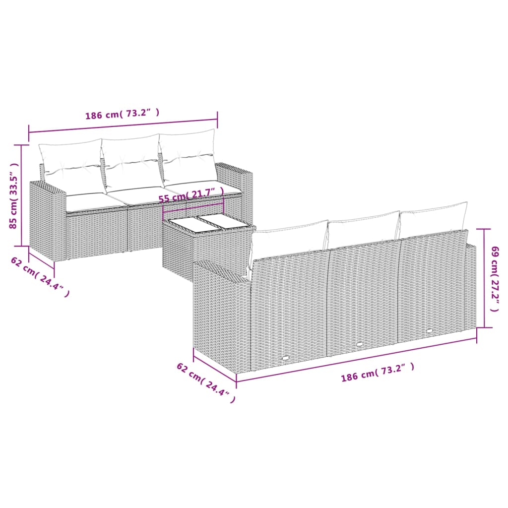 7-delige Loungeset met kussens poly rattan zwart Zwart en crème