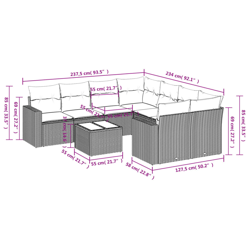 9-delige Loungeset met kussens poly rattan beige Beige en grijs