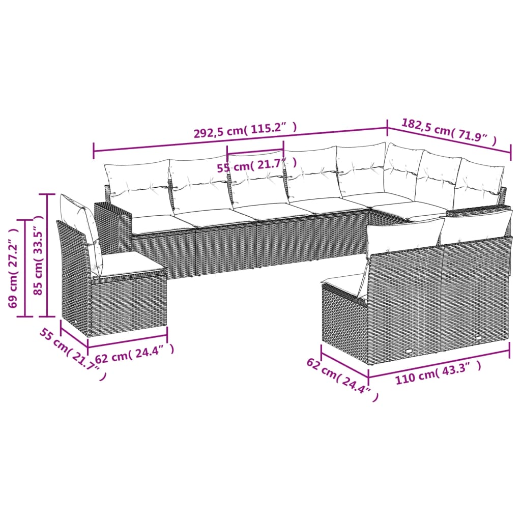 10-Delige Loungeset Met Kussens Poly Rattan Grijs