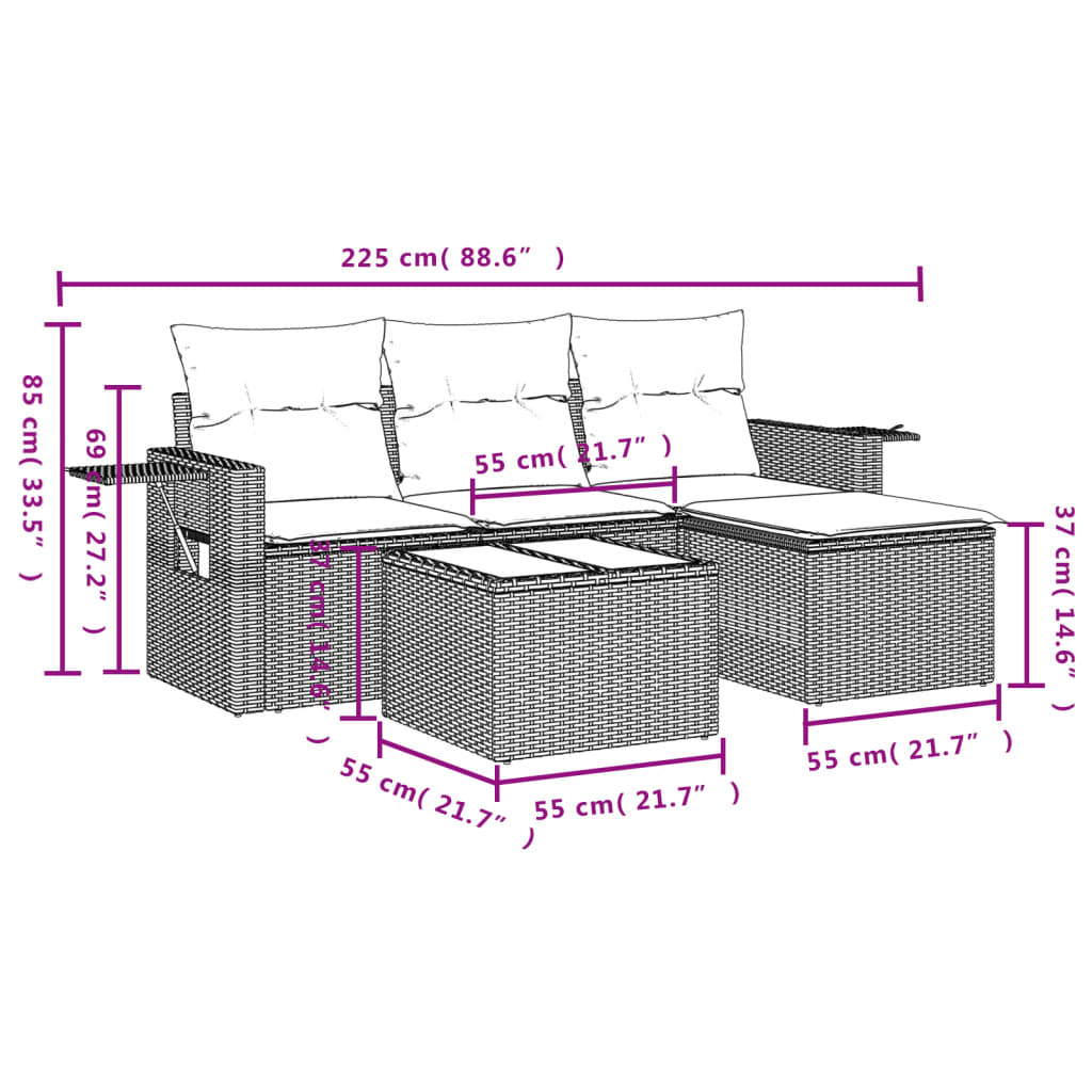 4-delige Loungeset met kussens poly rattan bruin