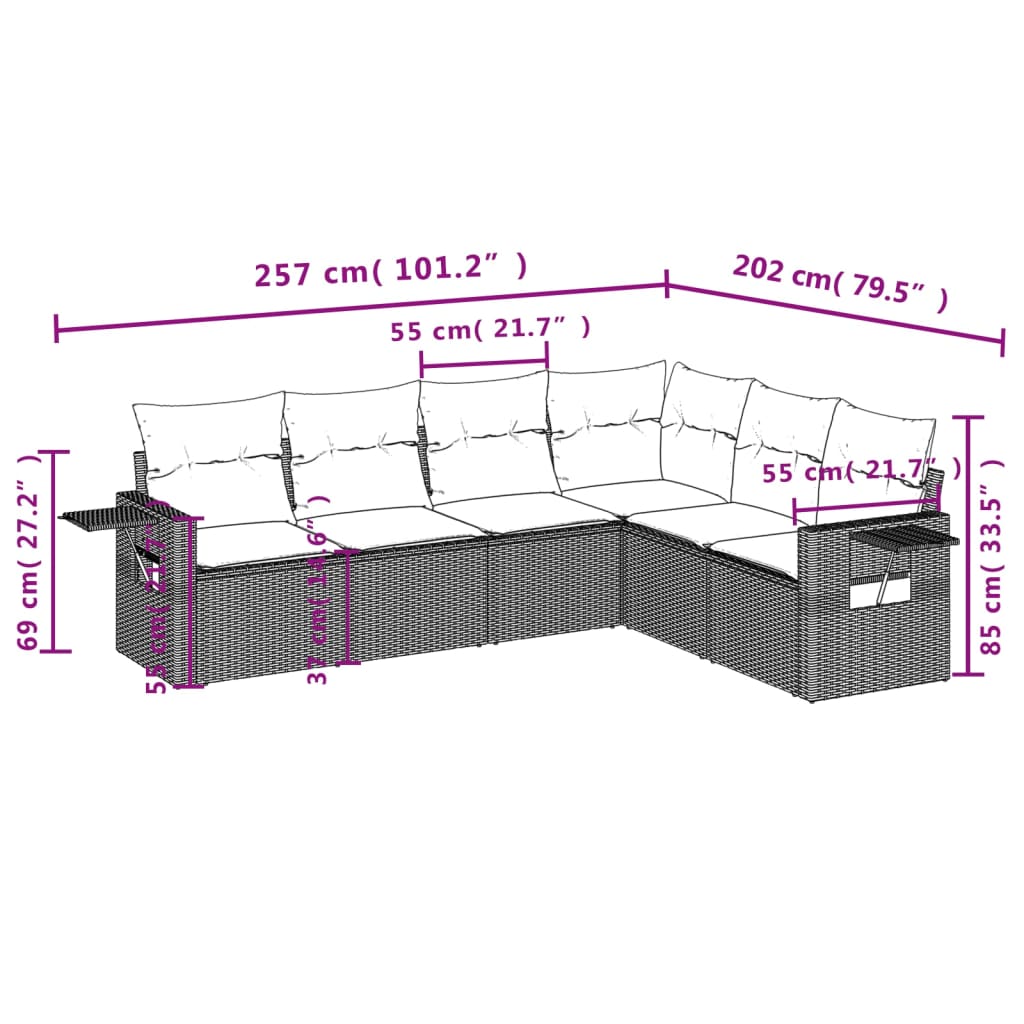 6-delige Loungeset met kussens poly rattan lichtgrijs