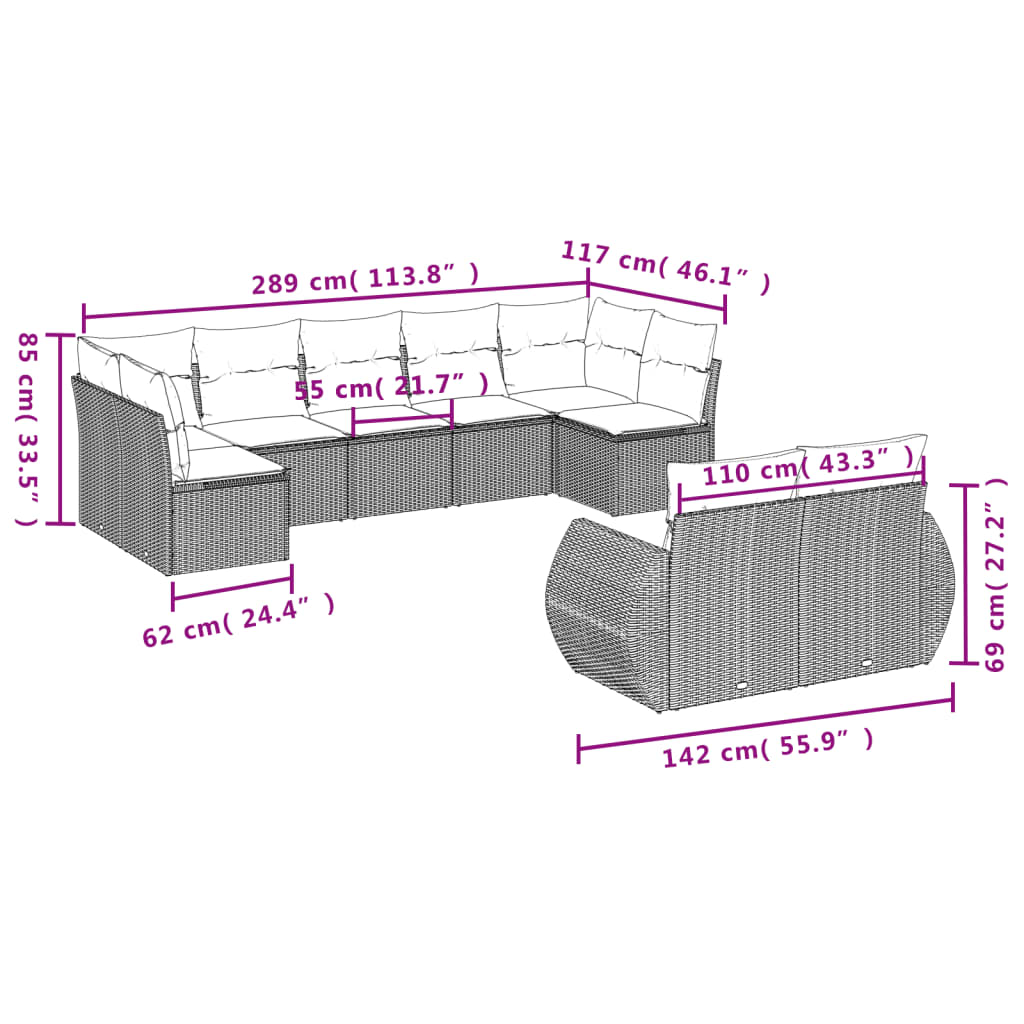 9-Delige Loungeset Met Kussens Poly Rattan Beige