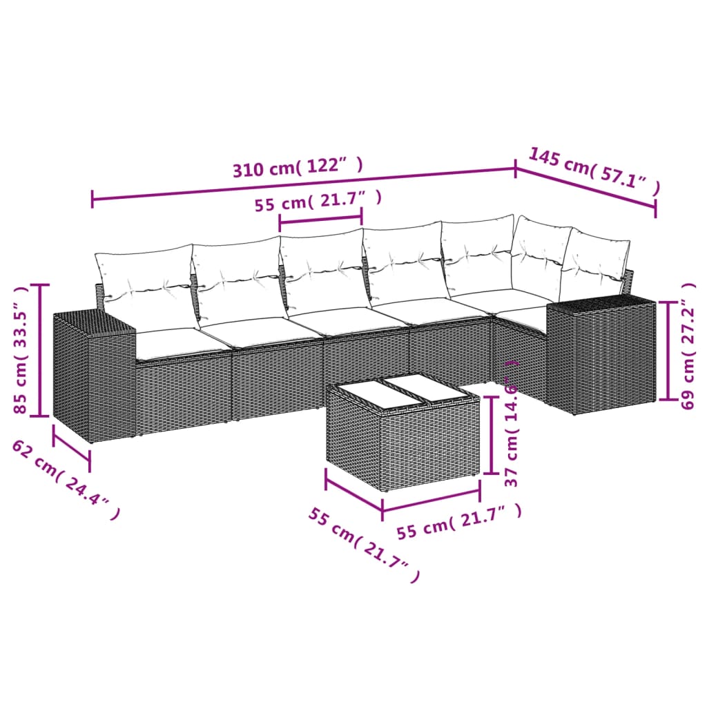 7-Delige Loungeset Met Kussens Poly Rattan Beige