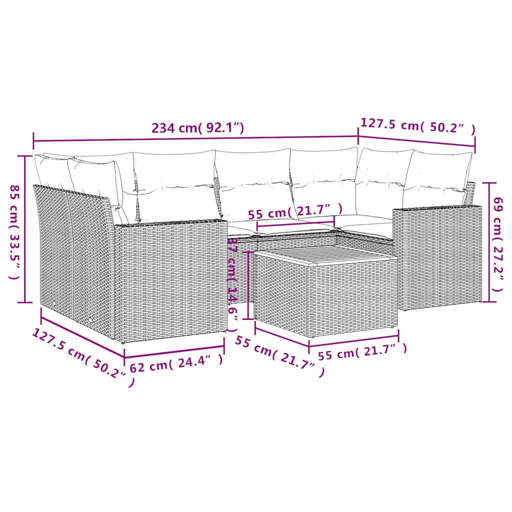 7-delige Loungeset met kussens poly rattan grijs