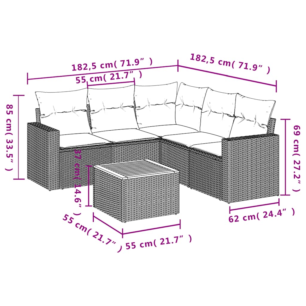 6-delige Loungeset met kussens poly rattan grijs