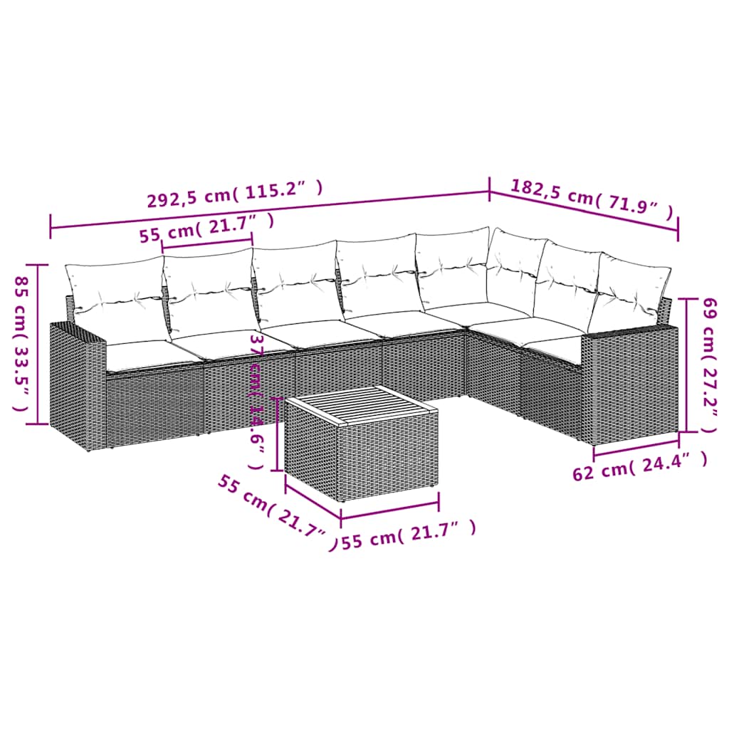 8-delige Loungeset met kussens poly rattan zwart