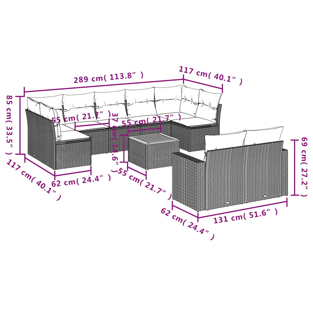 10-delige Loungeset met kussens poly rattan grijs