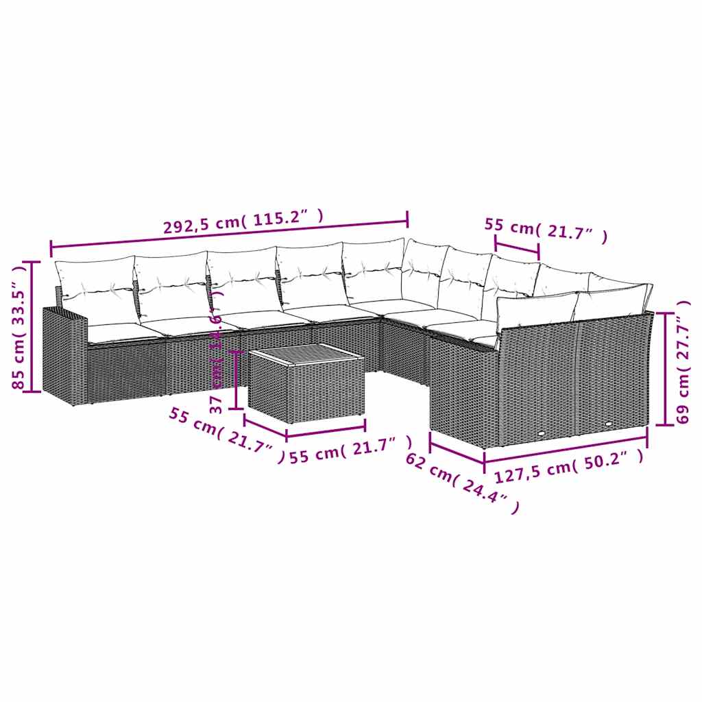 11-delige Loungeset met kussens poly rattan grijs