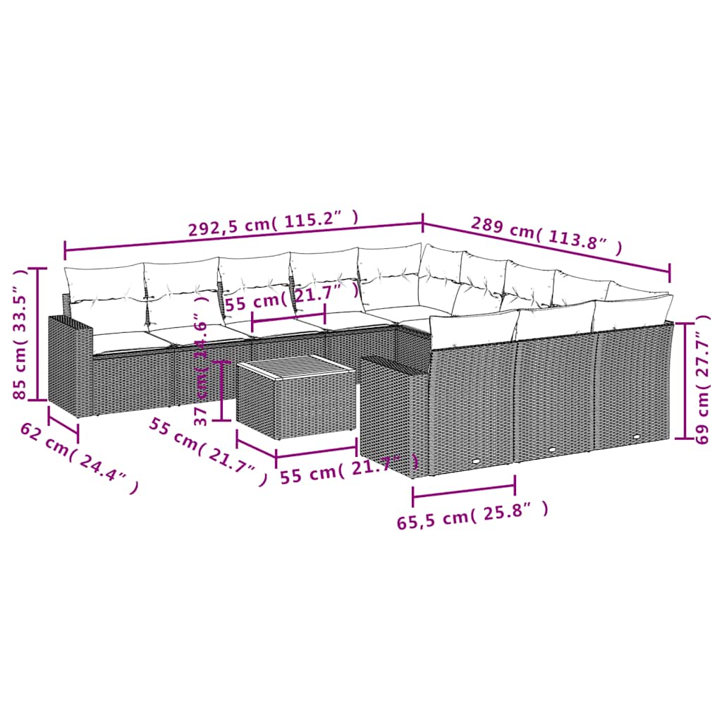 12-delige Loungeset met kussens poly rattan zwart