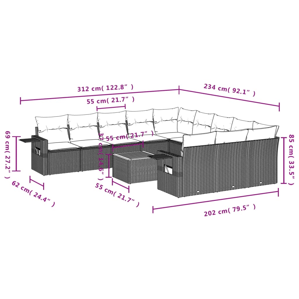 12-Delige Loungeset Met Kussens Poly Rattan Grijs
