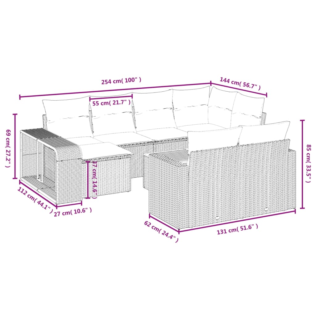 11-Delige Tuinset Met Kussens Poly Rattan Beige