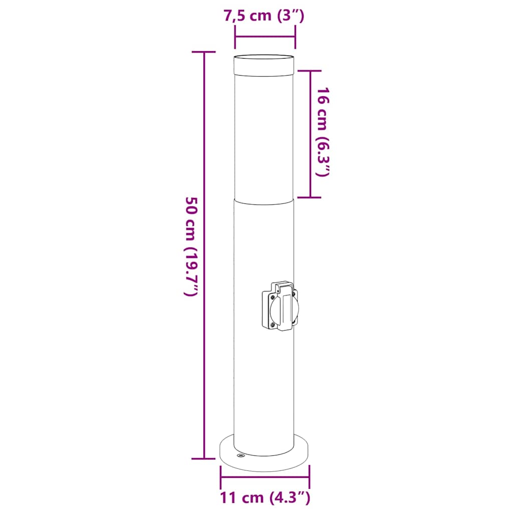Bolderarmatuur met stopcontact 50 cm RVS IP44