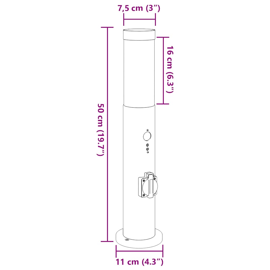 Bolderverlichting met sensor en stopcontact 3 stuks 50 cm roestvrij staal IP44