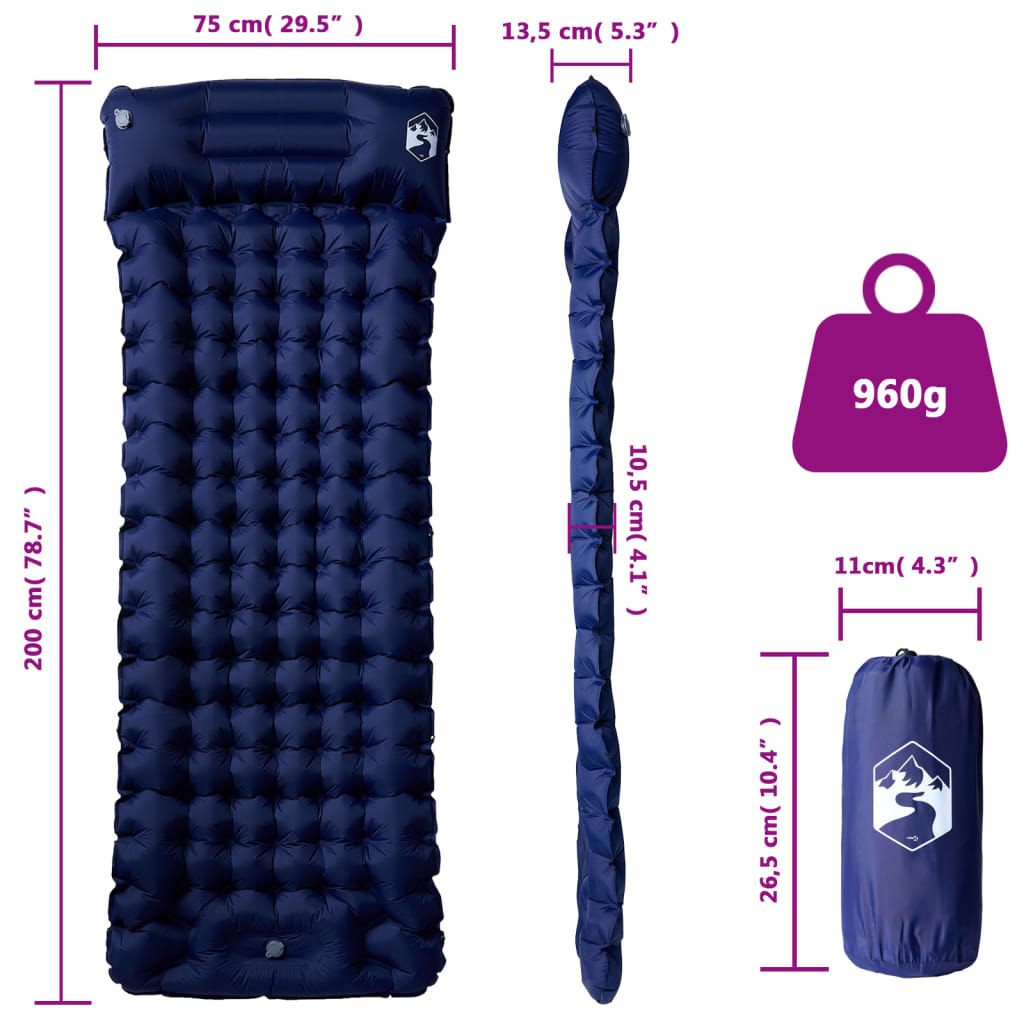 Kampeermatras met kussen zelfopblazend 1-persoons marineblauw