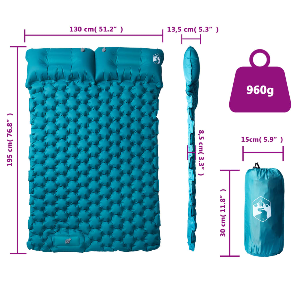 Kampeermatras met kussens zelfopblazend 2-persoons blauw