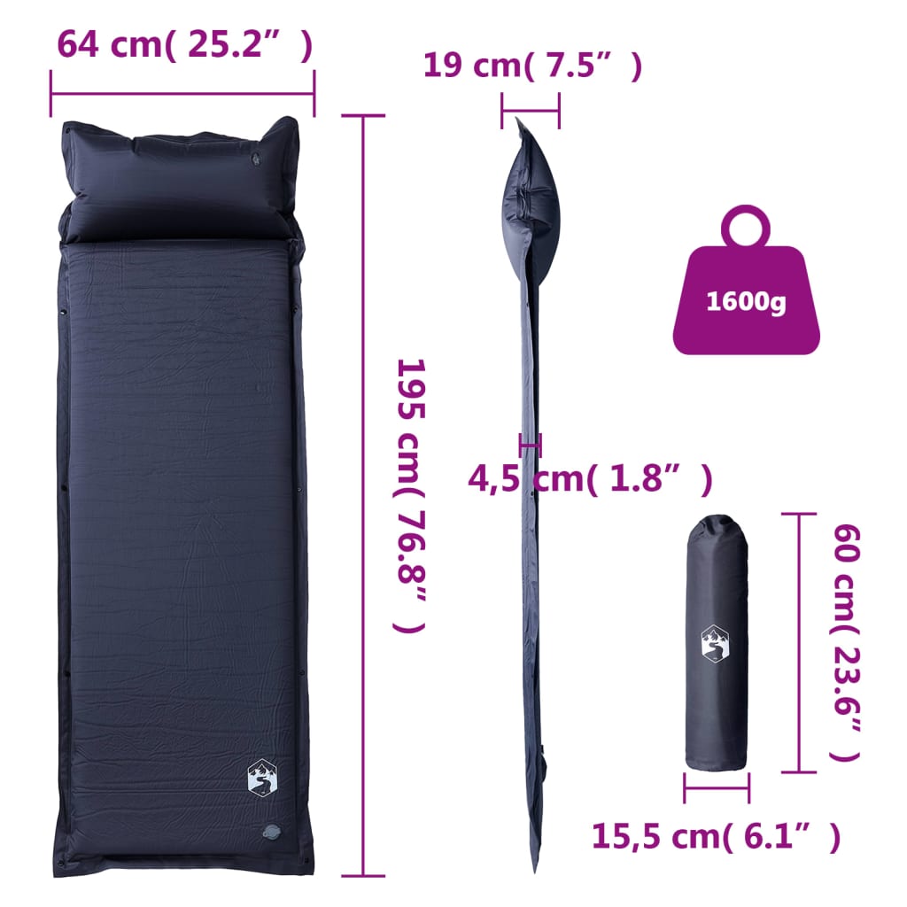 Kampeermatras met geïntegreerd kussen zelfopblazend grijs