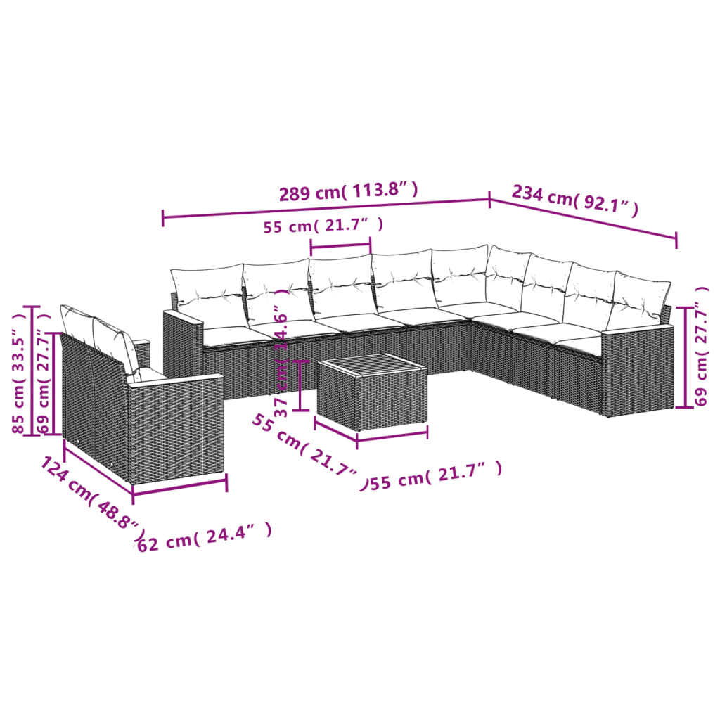 11-delige Loungeset met kussens poly rattan zwart Zwart