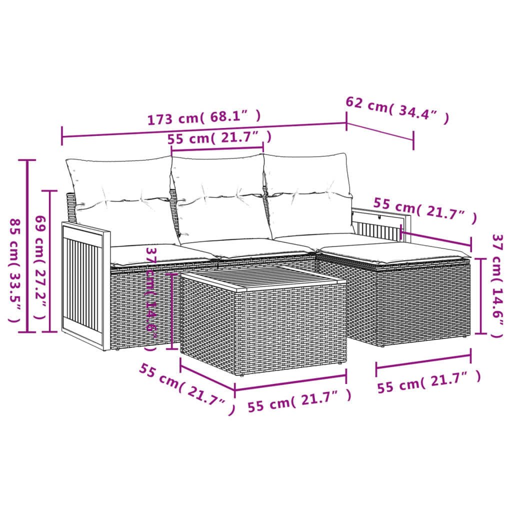 5-delige Loungeset met kussens poly rattan beige Beige en grijs Met tafel