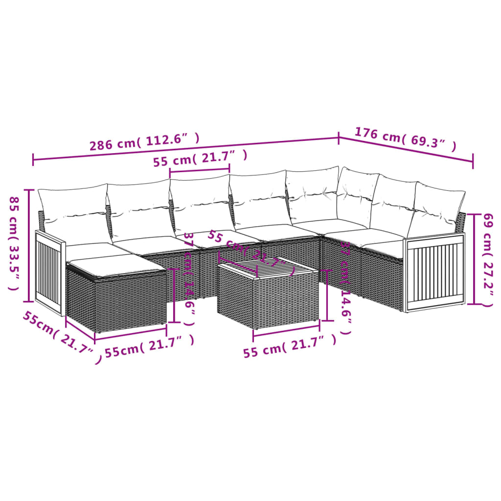 9-Delige Loungeset Met Kussens Poly Rattan Grijs