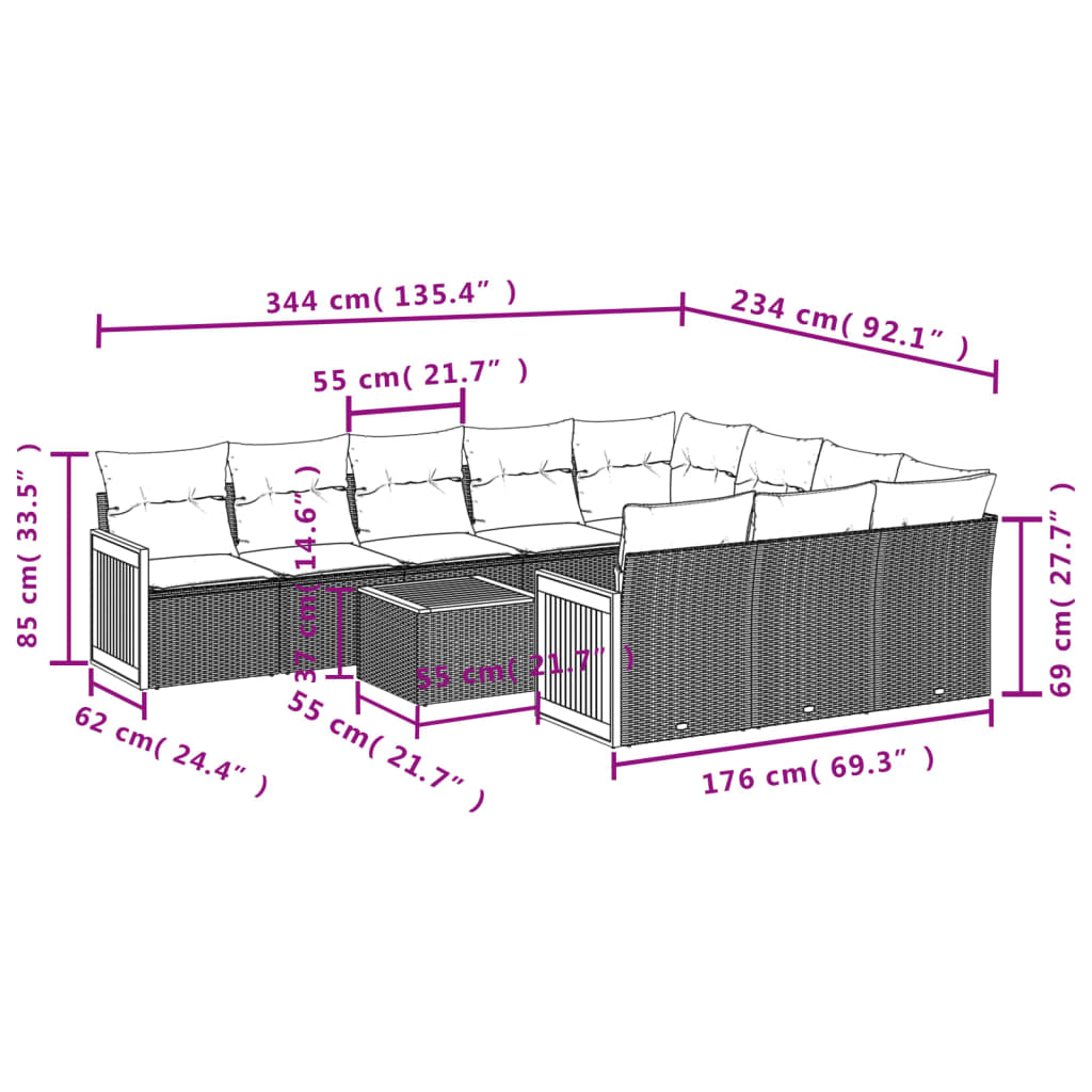 11-Delige Tuinset Met Kussens Poly Rattan Beige