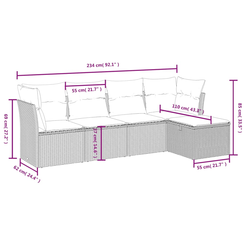5-delige Loungeset met kussens poly rattan beige
