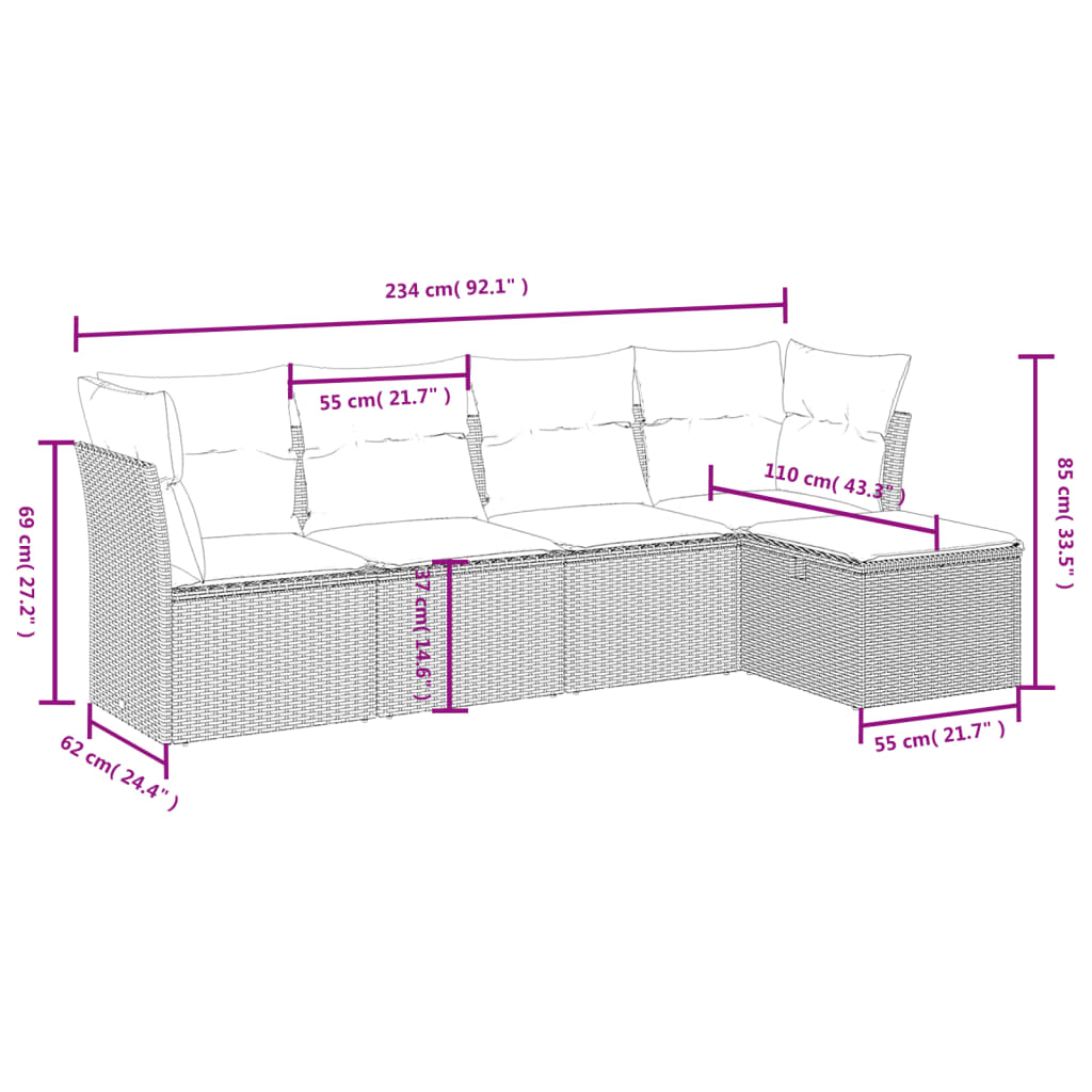 5-delige Loungeset met kussens poly rattan lichtgrijs