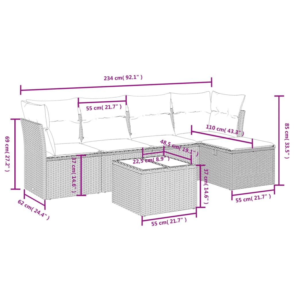 6-delige Loungeset met kussens poly rattan beige