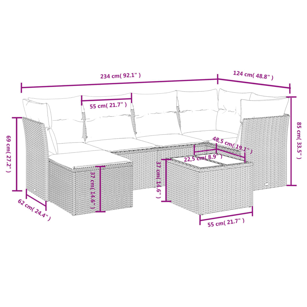 7-delige Loungeset met kussens poly rattan zwart