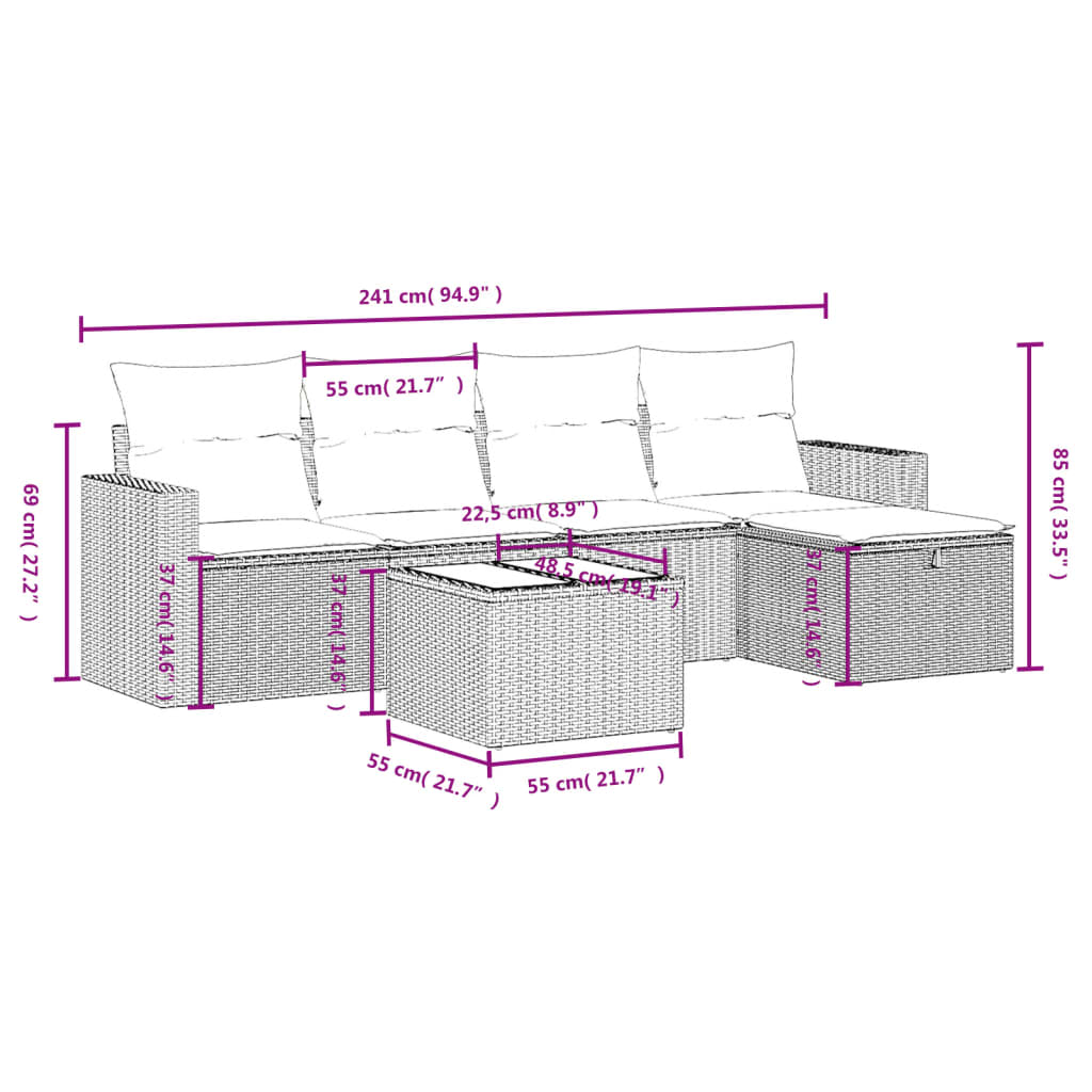 6-delige Loungeset met kussens poly rattan beige