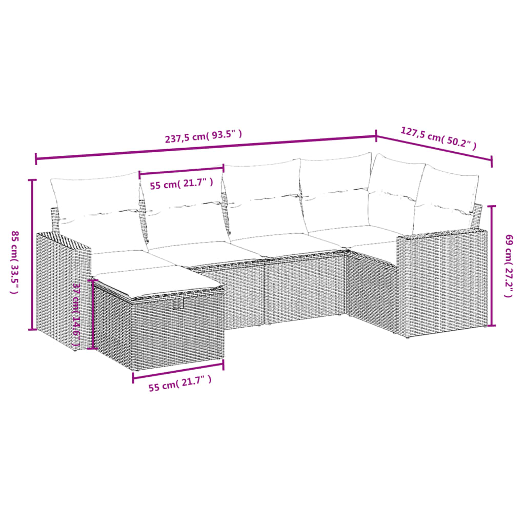 6-delige Loungeset met kussens poly rattan beige