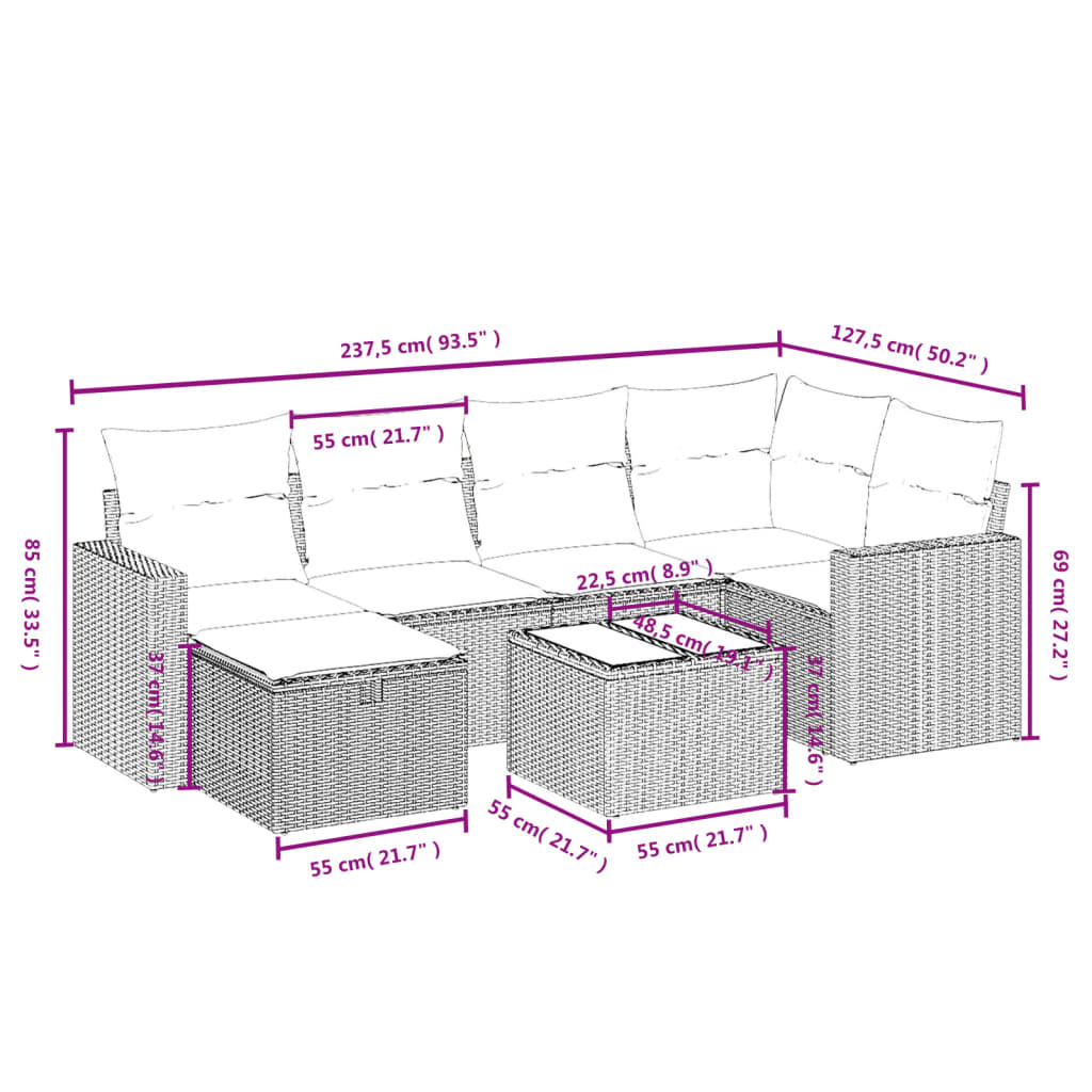 7-delige Loungeset met kussens poly rattan beige