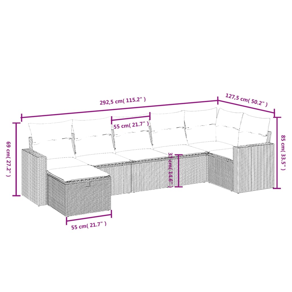 7-Delige Loungeset Met Kussens Poly Rattan Beige