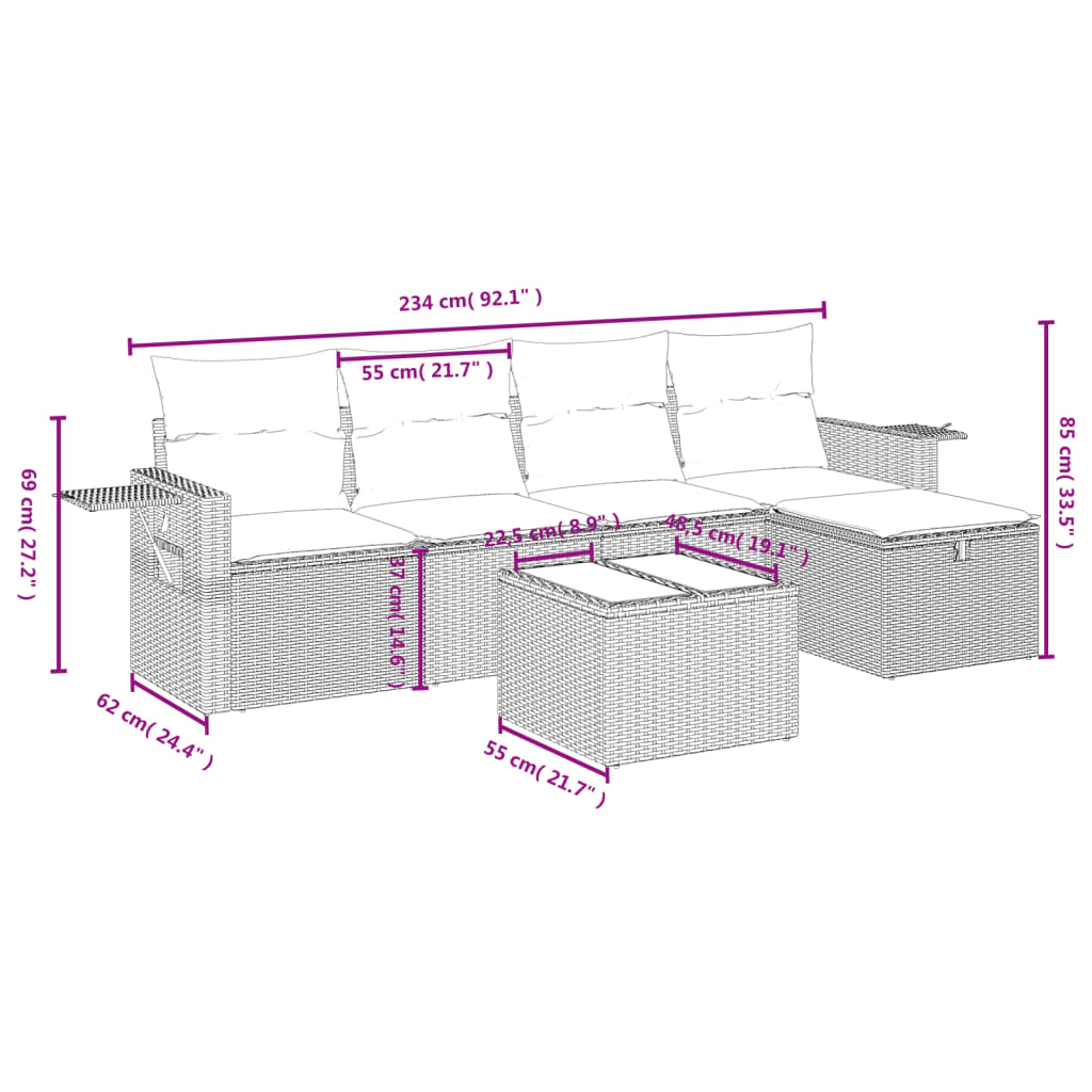 6-delige Loungeset met kussens poly rattan beige