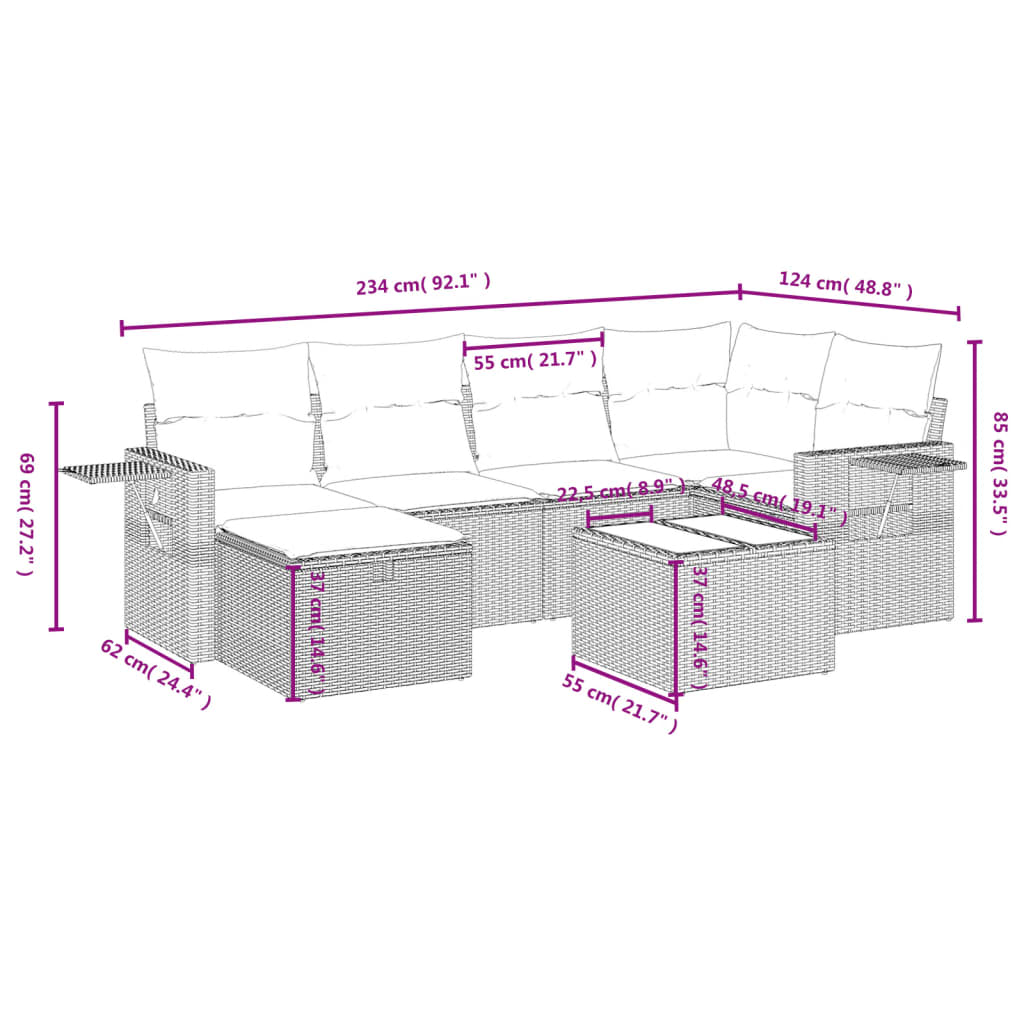 7-delige Loungeset met kussens poly rattan beige