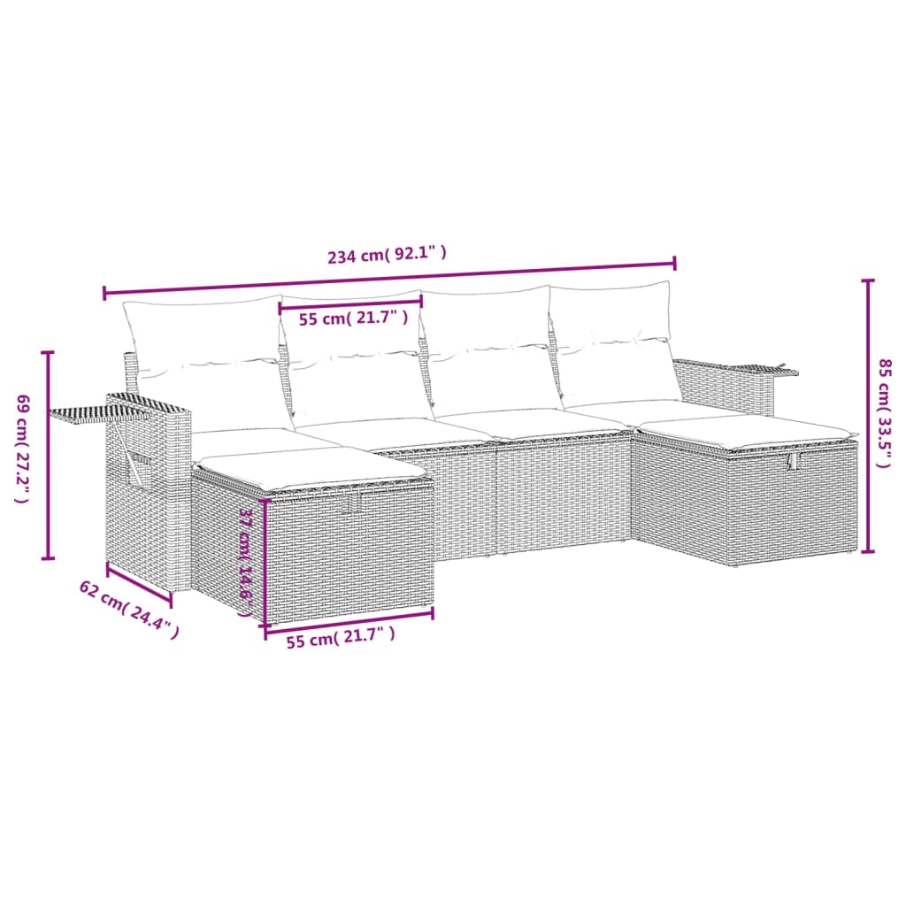 6-delige Loungeset met kussens poly rattan beige