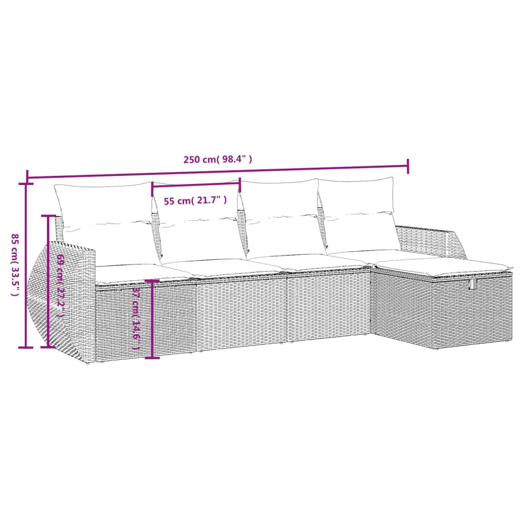 5-delige Loungeset met kussens poly rattan lichtgrijs