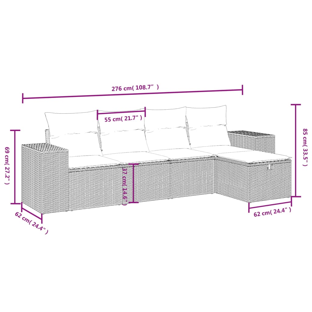 5-delige Loungeset met kussens poly rattan beige