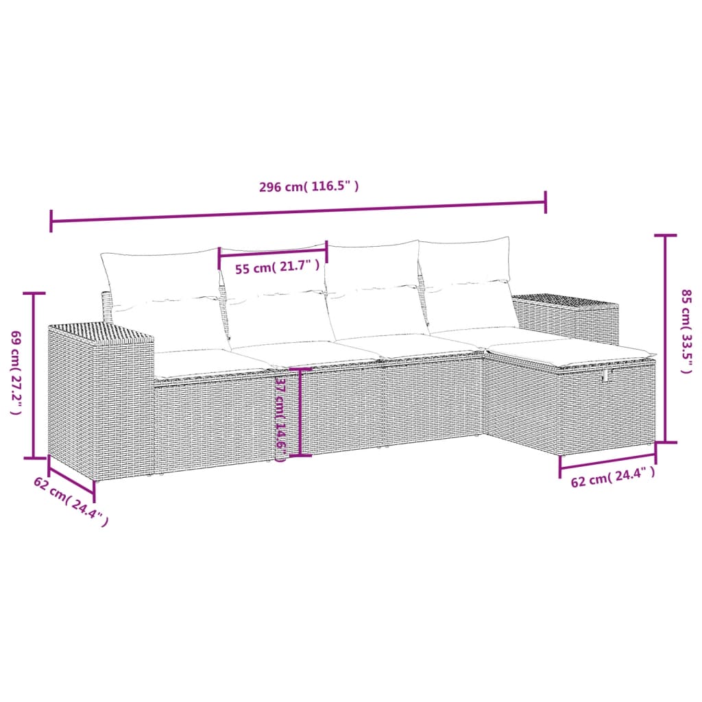 5-Delige Loungeset Met Kussens Poly Rattan Grijs