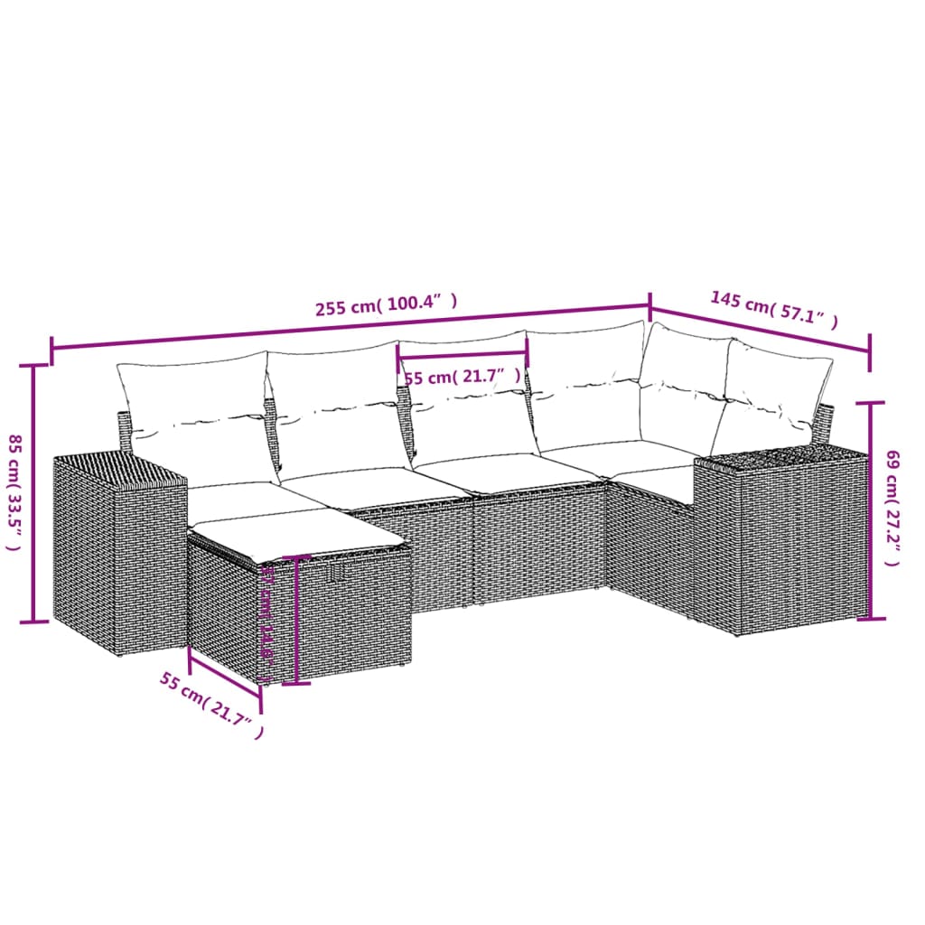 6-delige Loungeset met kussens poly rattan beige