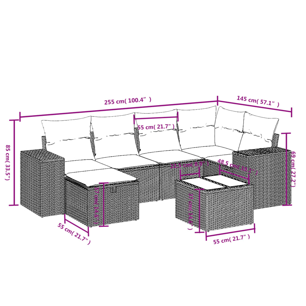 7-delige Loungeset met kussens poly rattan zwart