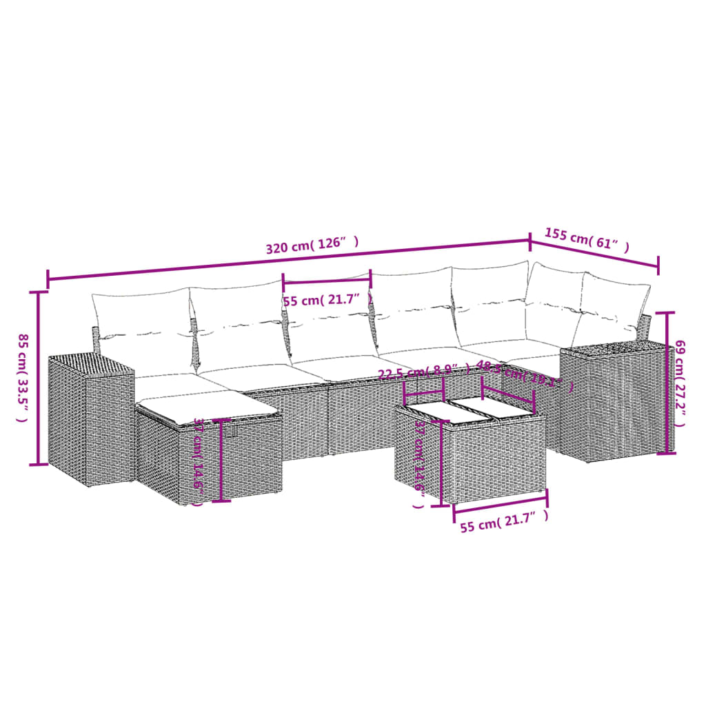 8-Delige Loungeset Met Kussens Poly Rattan Grijs