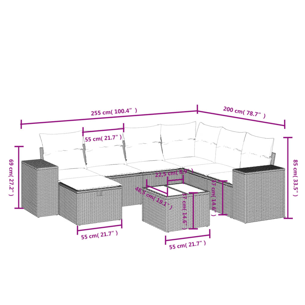 8-delige Loungeset met kussens poly rattan lichtgrijs