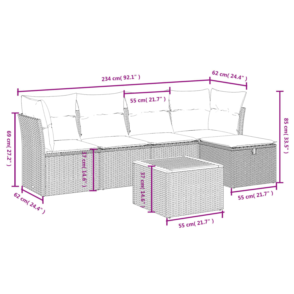 6-delige Loungeset met kussens poly rattan beige