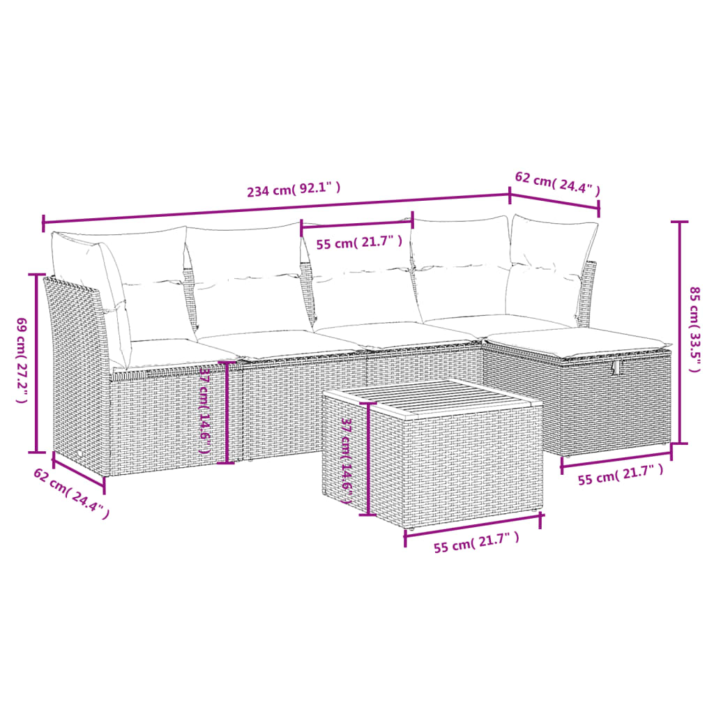 6-Delige Loungeset Met Kussens Poly Rattan Grijs