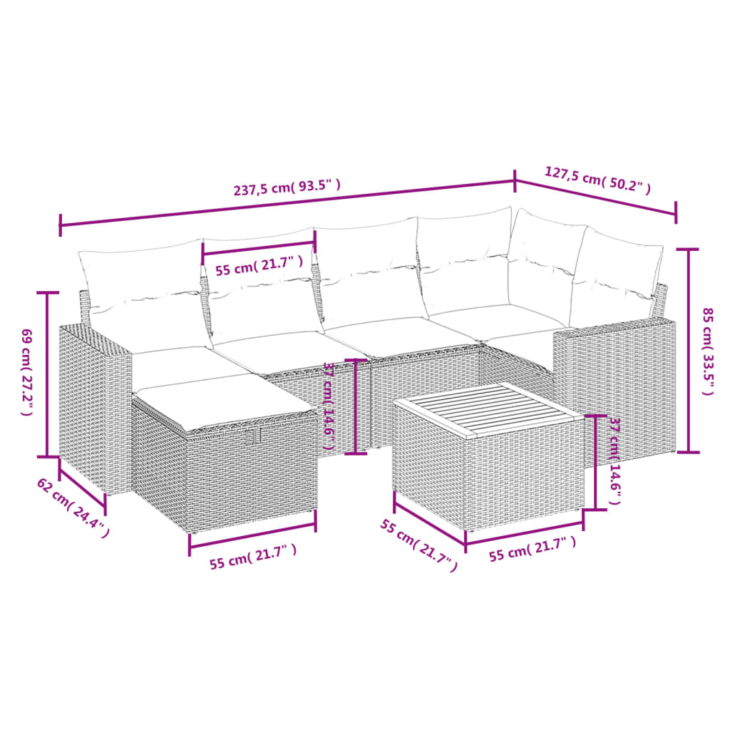 7-delige Loungeset met kussens poly rattan beige