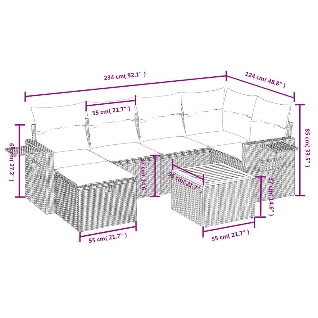 7-delige Loungeset met kussens poly rattan zwart
