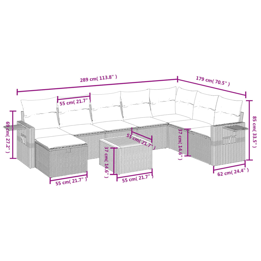 9-delige Loungeset met kussens poly rattan zwart