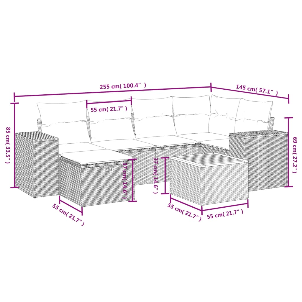 7-delige Loungeset met kussens poly rattan zwart