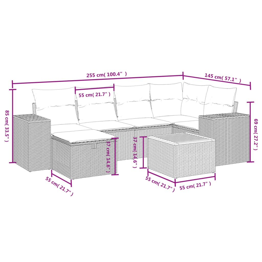 7-delige Loungeset met kussens poly rattan beige